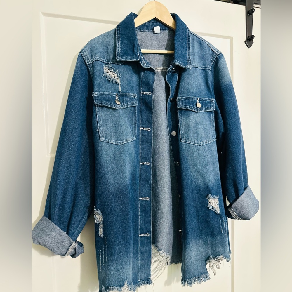 Oversized Distressed Denim Jacket with Raw Hem and Stylish Fraying